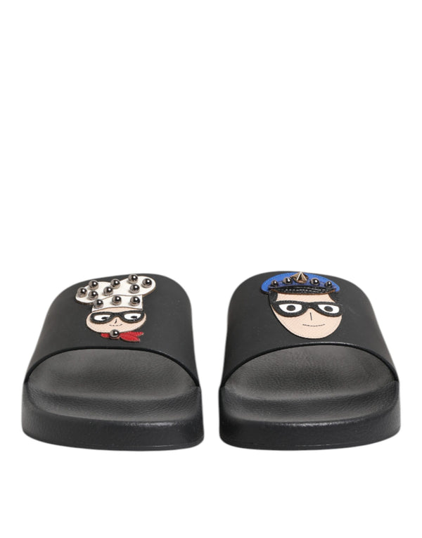Schwarze Leder Slides Flats Beachwear Schuhe