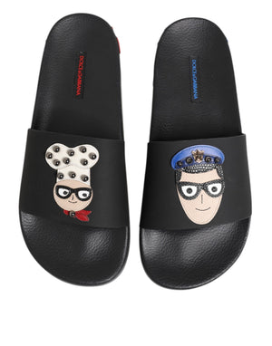Schwarze Leder Slides Flats Beachwear Schuhe