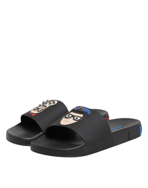 Schwarze Leder Slides Flats Beachwear Schuhe