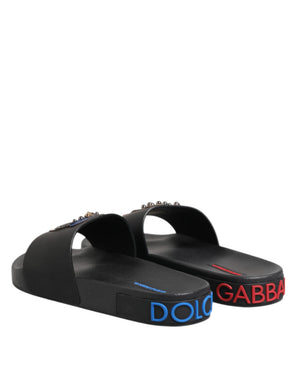 Schwarze Leder Slides Flats Beachwear Schuhe