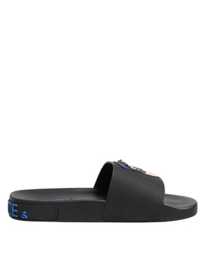 Schwarze Leder Slides Flats Beachwear Schuhe