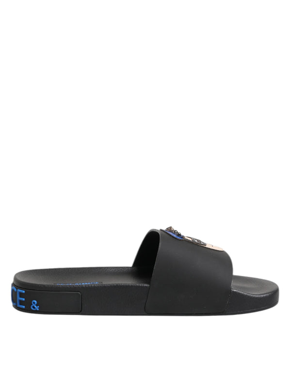 Schwarze Leder Slides Flats Beachwear Schuhe