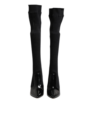 Schwarze Leder Rippenstrick-Kniestiefel Schuhe