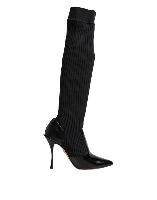 Schwarze Leder Rippenstrick-Kniestiefel Schuhe