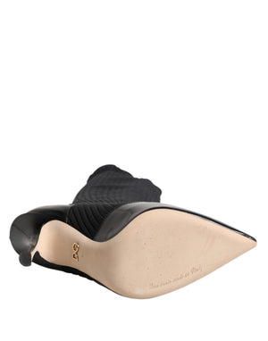 Schwarze Leder Rippenstrick-Kniestiefel Schuhe
