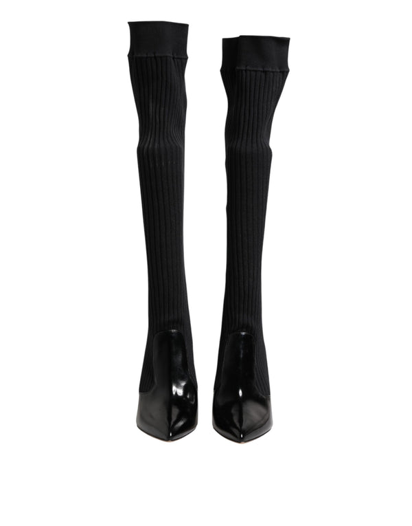 Schwarze Leder Rippenstrick-Kniestiefel Schuhe