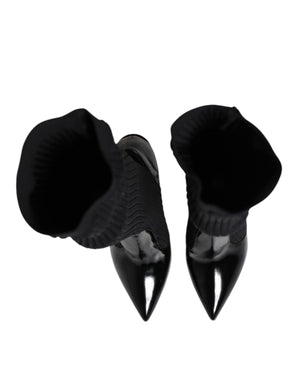 Schwarze Leder Rippenstrick-Kniestiefel Schuhe