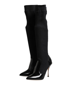 Schwarze Leder Rippenstrick-Kniestiefel Schuhe