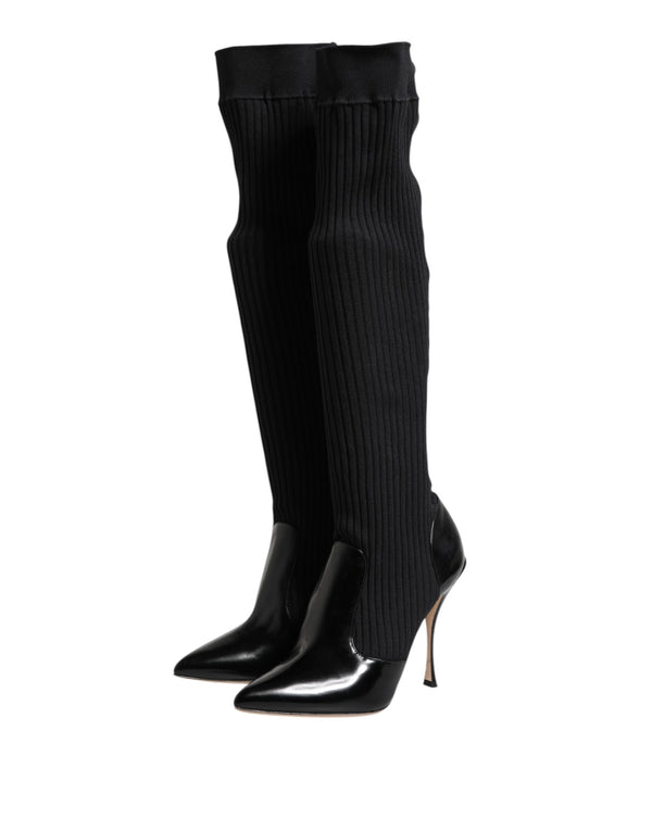 Schwarze Leder Rippenstrick-Kniestiefel Schuhe