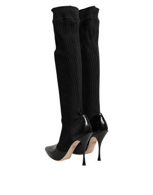 Schwarze Leder Rippenstrick-Kniestiefel Schuhe