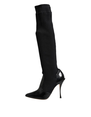 Schwarze Leder Rippenstrick-Kniestiefel Schuhe