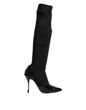 Schwarze Leder Rippenstrick-Kniestiefel Schuhe
