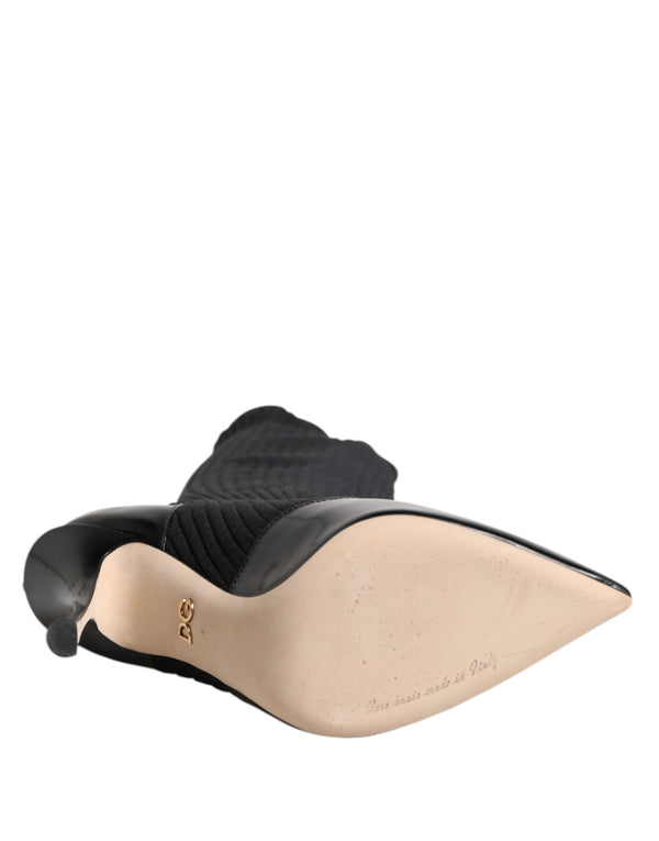 Schwarze Leder Rippenstrick-Kniestiefel Schuhe