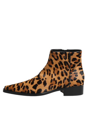Braun Leopard Kalb Pelz Ankle Stiefel Schuhe