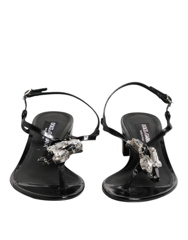 Schwarze Leder-Kristall-Knöchelriemen-Sandalen Schuhe