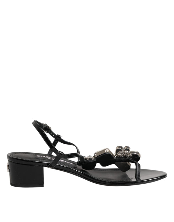 Schwarze Leder-Kristall-Knöchelriemen-Sandalen Schuhe