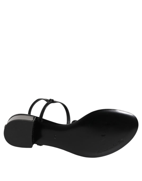 Schwarze Leder-Kristall-Knöchelriemen-Sandalen Schuhe