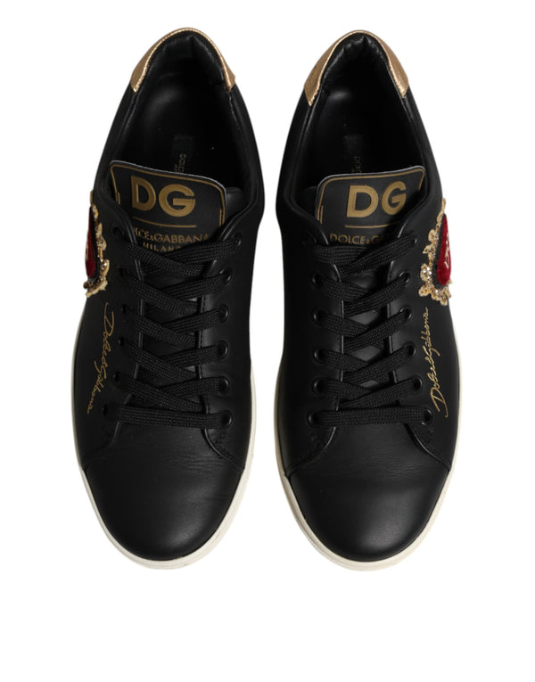 Schwarzes Leder Sacred Heart Sneakers Schuhe