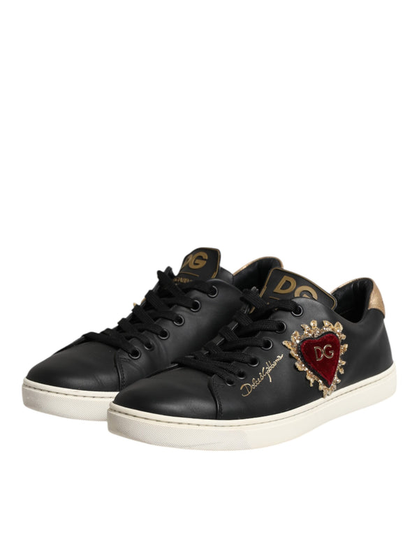 Schwarzes Leder Sacred Heart Sneakers Schuhe