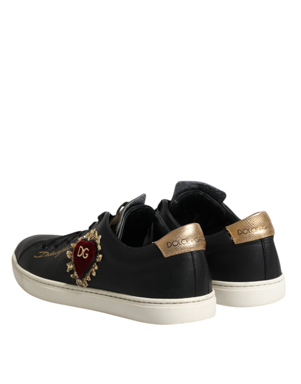 Schwarzes Leder Sacred Heart Sneakers Schuhe