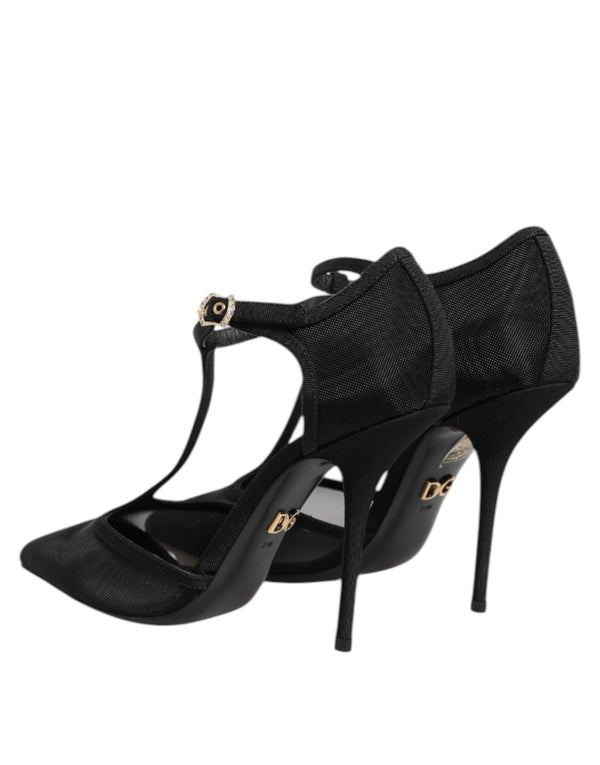 Schwarz Mesh T-strap Stiletto High Heels Schuhe