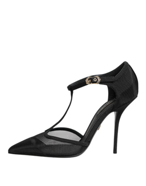 Schwarz Mesh T-strap Stiletto High Heels Schuhe