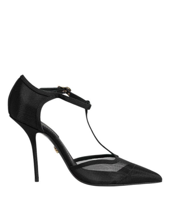 Schwarz Mesh T-strap Stiletto High Heels Schuhe