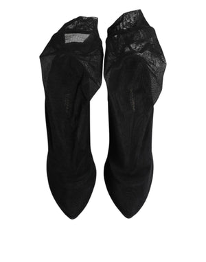 Schwarz Seide Stretch Mesh Socke Stiefel Schuhe