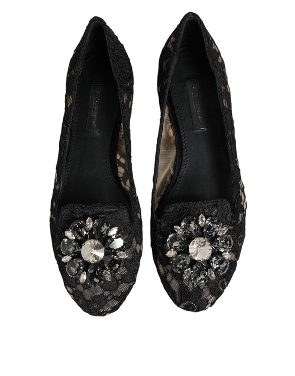 Schwarz Taormina Spitze Kristalle Flats Schuhe