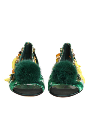 Grün Nerz Pelz Satin Bananenblatt Sandalen Schuhe
