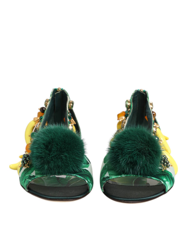 Grün Nerz Pelz Satin Bananenblatt Sandalen Schuhe
