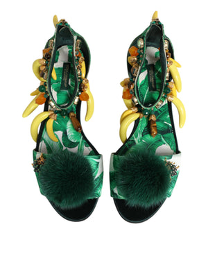 Grün Nerz Pelz Satin Bananenblatt Sandalen Schuhe