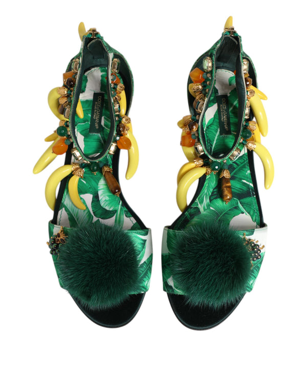 Grün Nerz Pelz Satin Bananenblatt Sandalen Schuhe