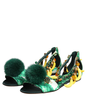 Grün Nerz Pelz Satin Bananenblatt Sandalen Schuhe
