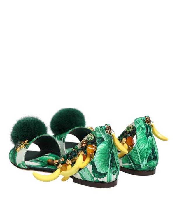 Grün Nerz Pelz Satin Bananenblatt Sandalen Schuhe