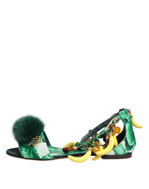 Grün Nerz Pelz Satin Bananenblatt Sandalen Schuhe
