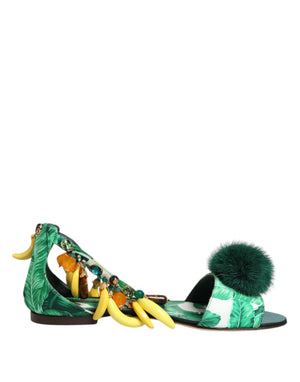Grün Nerz Pelz Satin Bananenblatt Sandalen Schuhe