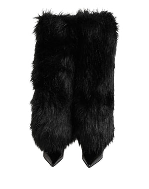 Schwarze Kunstpelz spitze Knie hohe Stiletto Stiefel Schuhe