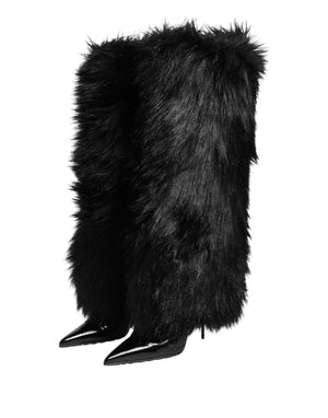 Schwarze Kunstpelz spitze Knie hohe Stiletto Stiefel Schuhe
