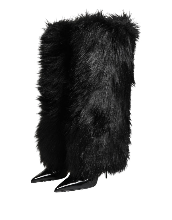 Schwarze Kunstpelz spitze Knie hohe Stiletto Stiefel Schuhe