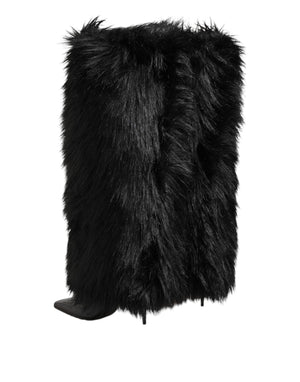 Schwarze Kunstpelz spitze Knie hohe Stiletto Stiefel Schuhe