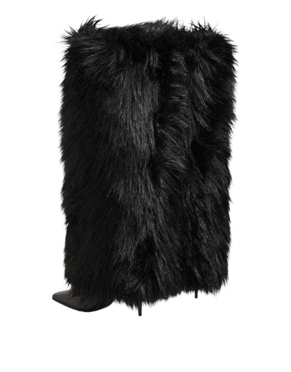 Schwarze Kunstpelz spitze Knie hohe Stiletto Stiefel Schuhe