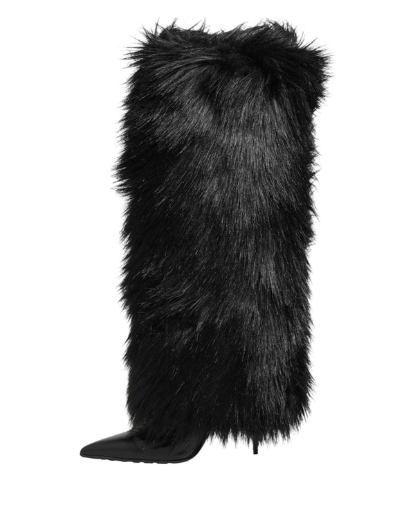 Schwarze Kunstpelz spitze Knie hohe Stiletto Stiefel Schuhe