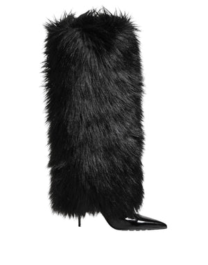 Schwarze Kunstpelz spitze Knie hohe Stiletto Stiefel Schuhe