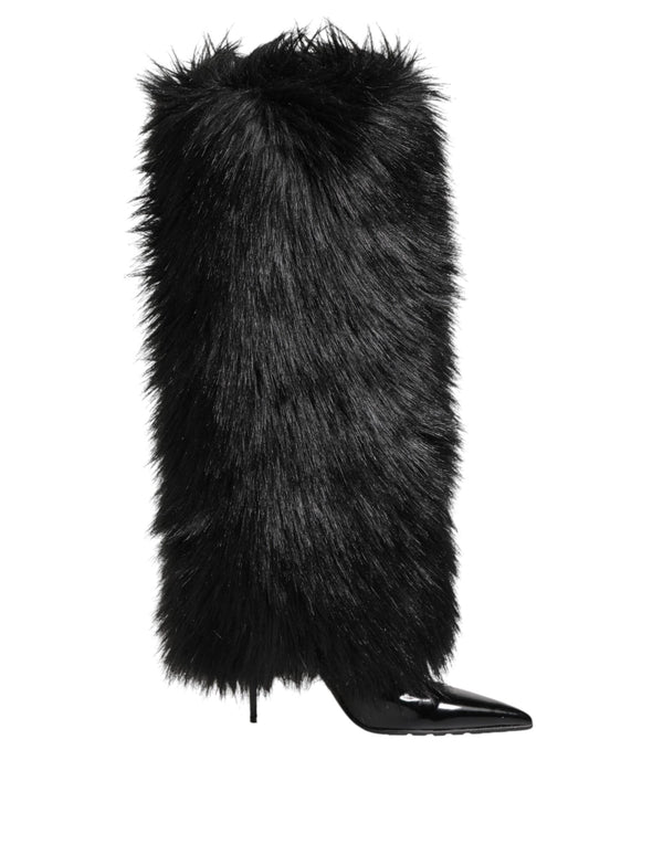 Schwarze Kunstpelz spitze Knie hohe Stiletto Stiefel Schuhe