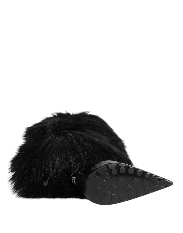 Schwarze Kunstpelz spitze Knie hohe Stiletto Stiefel Schuhe