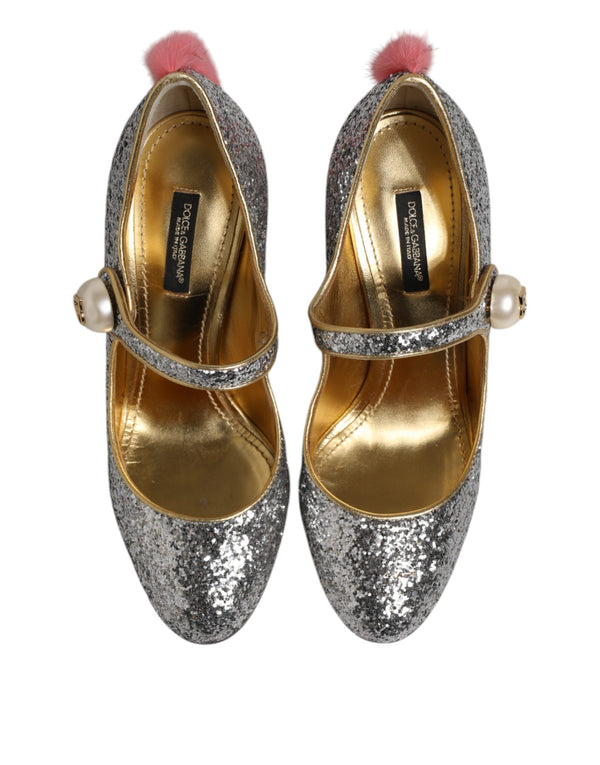 Silber Glitzer Nerz Pelz VALLY Pumps Schuhe