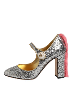 Silber Glitzer Nerz Pelz VALLY Pumps Schuhe
