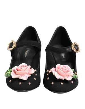 Schwarz Blume Kristall verschönert Mary Jane Schuhe