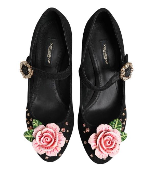 Schwarz Blume Kristall verschönert Mary Jane Schuhe